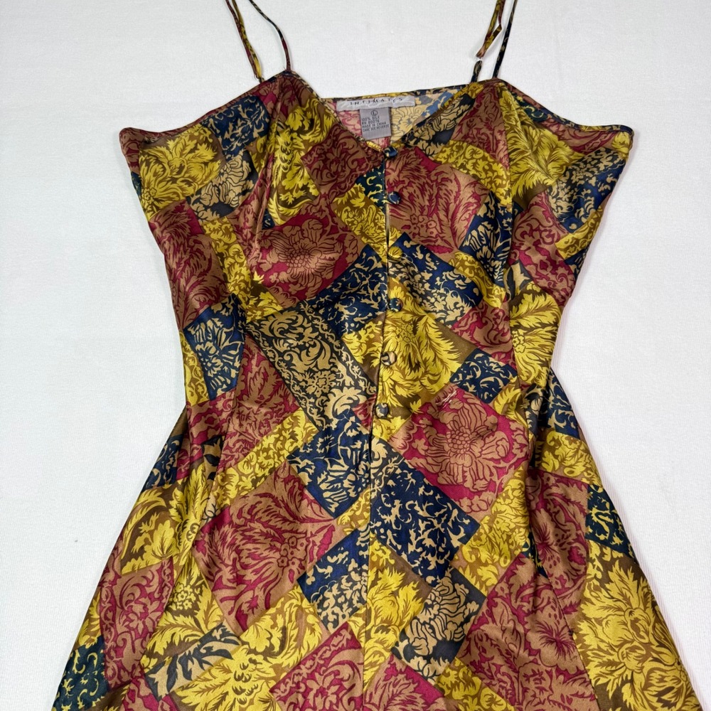 Intimates Silk Slip Dress L Multicolor Patchwork Damask Button Front 90s Vintage